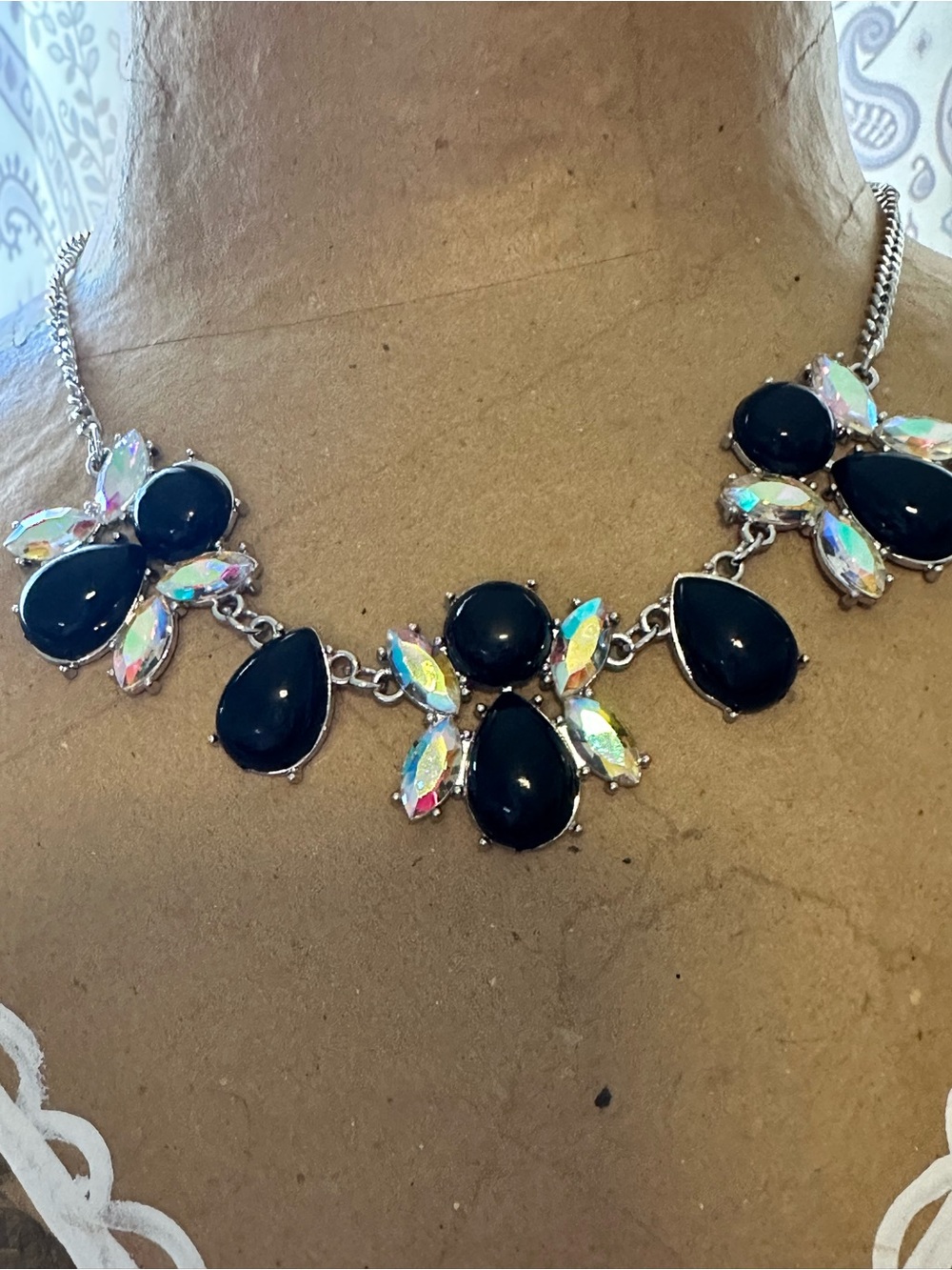 Black Teardrop Statement Necklace with Aurora Crystal Accents little angels